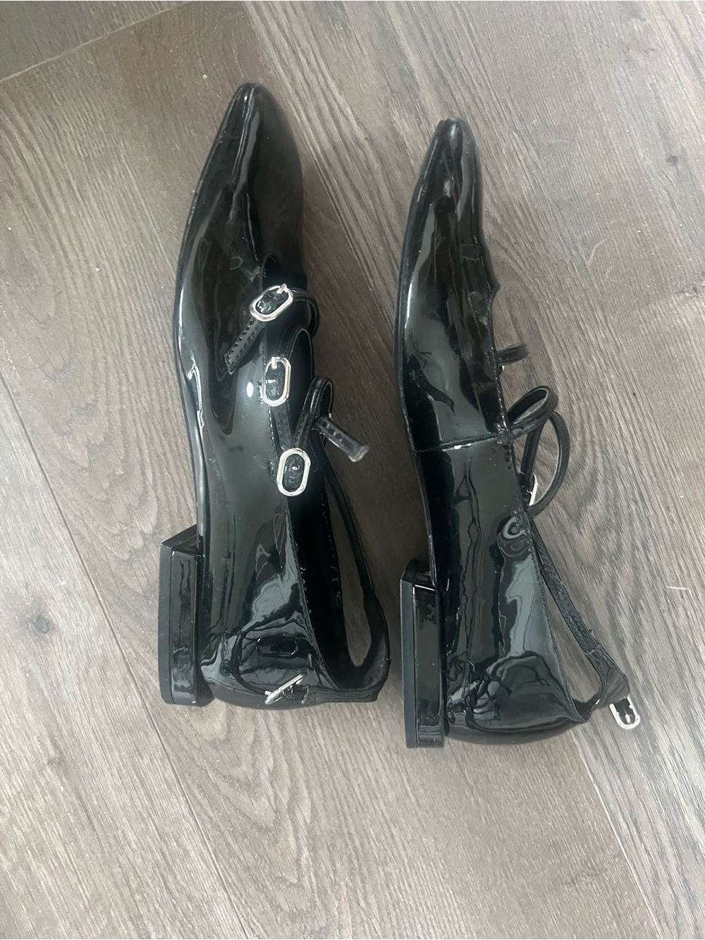 stradivarius Black Patent Mary Jane Flats with Triple Buckles